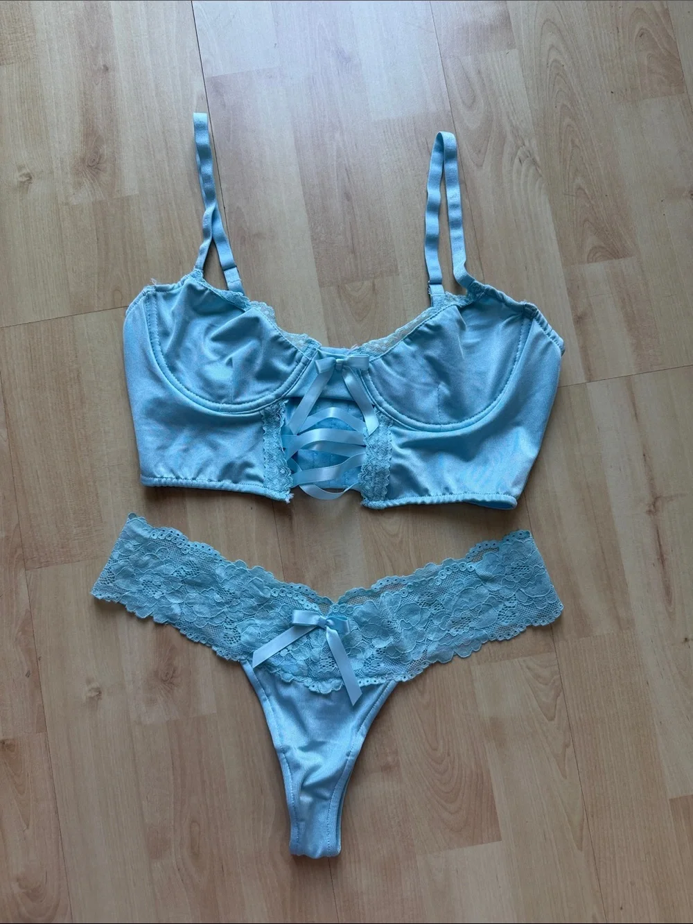 Light Blue Lace Trim Lingerie Set - Satin Bralette & Thong